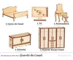 Kit Miniatura Quarto Casal com 5 Peças Cama Guarda Roupa Mdf