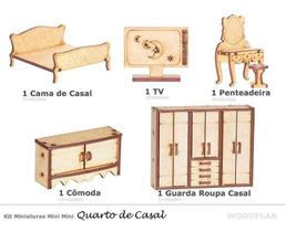 Kit Miniatura Quarto Casal Com 5 Peças Cama Guarda Roupa Mdf