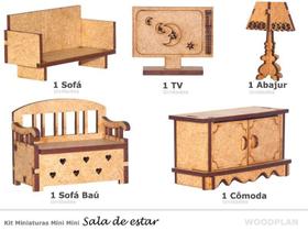 Kit Miniatura Sala Com 5 Peças Sofá Abajur Tv Comoda Baú Mdf