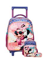 Kit Minnie Mouse Mochila Rodas G + Lancheira + Estojo Triplo