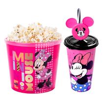 Kit Minnie Pote Pipoqueira com Copo Orelhinhas Canudo Rosa