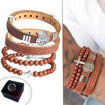 Kit/Mix Pulseiras Couro São Bento Cruz Fé Pedras Bolinha Top Marrom