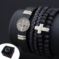 Kit/Mix Pulseiras Couro São Bento Cruz Fé Pedras Bolinha Top Preta