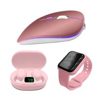 Kit Mix Rosa Fone de Ouvido E6s Mouse Slim Smartwatch D20