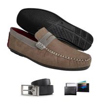 Kit Mocassim Masculino Camurça Confortável Acompanha Cinto e Carteira