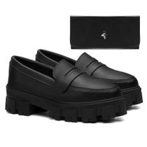 Kit Mocassim Preto Tratorado Feminino e Carteira- 63