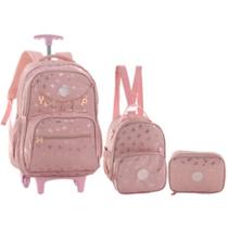 Kit Mochila 18” Escolar Juvenil 2 Rodas Estampa Borboleta Passeio Metalizado Luxo Com Lancheira Térm
