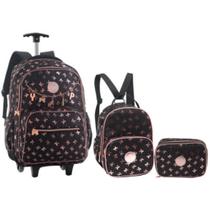 Kit Mochila 18” Escolar Juvenil 2 Rodas Estampa Borboleta Passeio Metalizado Luxo Com Lancheira Térm