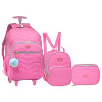 Kit Mochila 18” Escolar Juvenil Com Chaveiro Pompom E Corda Com 2 Rodas Feminino Com Lancheira Térmi