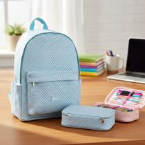 Kit Mochila 2 Bolso E Estojo Perfurado Em Pu 100 Caneta Azul