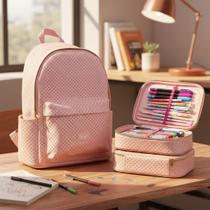 Kit Mochila 2 Bolso E Estojo Perfurado Em Pu 100 Caneta Rosa