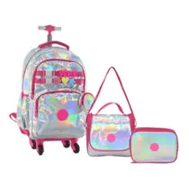 Kit Mochila 20” Efeito Holográfico Feminina Luxo Juvenil 4 Rodinhas 360 Feminino Com Lancheira Térm