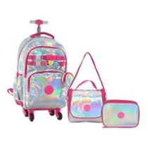 Kit Mochila 20” Efeito Holográfico Feminina Luxo Juvenil 4 Rodinhas 360 Feminino Com Lancheira Térm
