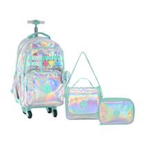 Kit Mochila 20” Efeito Holográfico Feminina Luxo Juvenil 4 Rodinhas 360 Feminino Com Lancheira Térm