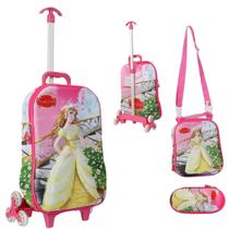 Kit Mochila 3D com Rodinhas e Lancheira + Estojo Princesses