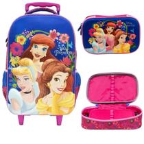 Kit Mochila 3D Princesas de Rodinhas + Estojo Box 3D Infantil Feminino Rosa Meninas