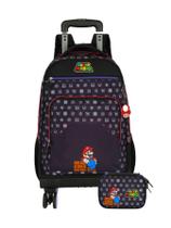 Kit Mochila 4 Rodas 360º+Estojo Box Super Mario - Preto