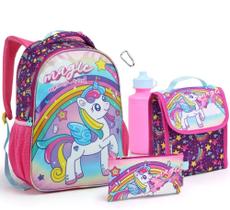 Kit Mochila 5 Peças Unicornio Seanite Infantil Menina Estojo Lancheira Garrafa