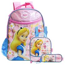 Kit Mochila Alice No País Das Maravilhas Escolar Com Lancheira Térmica e Estojo Dois Bolsos Meninas