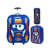 KIT Mochila Azul Escolar Carros Relampago Mcqueen 3D c/ Rodinhas + Lancheira + Estojo