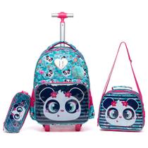Kit Mochila Bolsa Escolar De Rodinhas Infantil Menina Estampada Com Lancheira Térmica Estojo Organizador