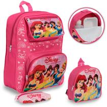 Kit Mochila Bolsa Escolar Princesas Costas Reforçada Rosa