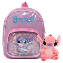 Kit Mochila Bolsa Infantil Stitch Pequena + Urso De Pelúcia
