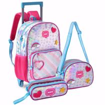 Kit mochila c/ carrinho + estojo + lancheira holografica hl24567 - clio