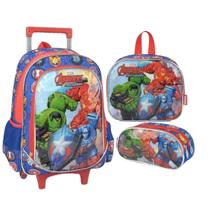 Kit Mochila C/Carrinho Lancheira Estojo Duplo Avergers