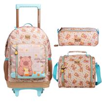 Kit mochila c/ rodas lancheira estojo capivara brownie