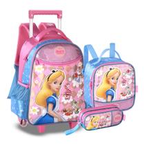 Kit Mochila C/ Rodinhas Alice no País das Maravilhas C/ Lancheira Térmica E Estojo Infantil - Clio