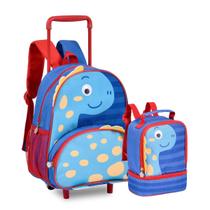 Kit Mochila C/ Rodinhas Dinossauro Baby + Lancheira Térmica Azul Dino Creche - Clio