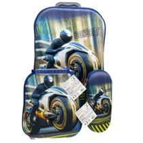 Kit Mochila C/ Rodinhas E Lancheira + Estojo Motorcycle