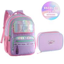Kit Mochila Candy Colorido Estrela Holográfico Com Chaveiro Pompom Estojo Box Juvenil