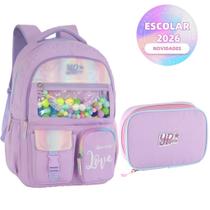 Kit Mochila Candy Colorido Estrela Holográfico Com Chaveiro Pompom Estojo Box Juvenil