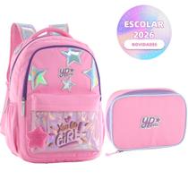 Kit Mochila Candy Colorido Estrela Holográfico Com Chaveiro Pompom Estojo Box Juvenil