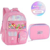 Kit Mochila Candy Colorido Estrela Holográfico Com Chaveiro Pompom Estojo Box Juvenil