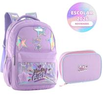 Kit Mochila Candy Colorido Estrela Holográfico Com Chaveiro Pompom Estojo Box Juvenil