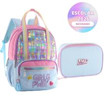 Kit Mochila Candy Colorido Estrela Holográfico Com Chaveiro Pompom Estojo Box Juvenil