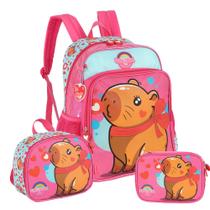 Kit Mochila Capivara Rosa com Lancheira e Estojo Box Kit Mochila Capivara Rosa com Lancheira e Estojo Box