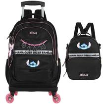 Kit mochila carrinho 360 e lancheira térmica stitch luxcel - preto