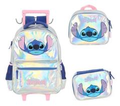 Kit Mochila Carrinho Alça Costas Stitch Metalizado - Luxcel