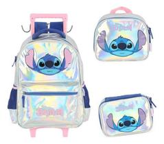 Kit Mochila Carrinho Alça Costas Stitch Metalizado