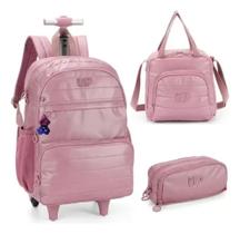 Kit Mochila Carrinho Crinkle Metalizado Rose+ Lancheira + Estojo - Luxcel