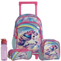 Kit Mochila Carrinho de Unicornio Lancheira Estojo e Garrafa