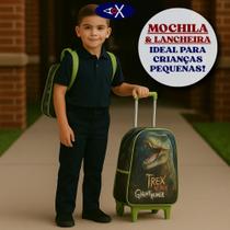 Kit Mochila Carrinho Dinossauro T Rex com Lancheira Infantil Menino Escolar de Rodinhas