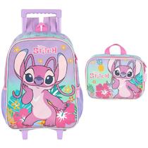 Kit mochila carrinho e lancheira térmica angel stitch luxcel roxo