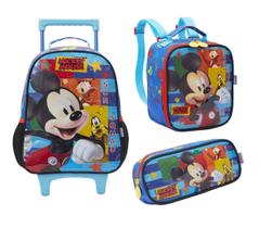 Kit Mochila Carrinho E Rodas Lancheira E Estojo Mickey Mouse