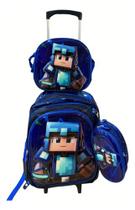 Kit Mochila Carrinho Estojo Lancheira Minecraft Super Azul