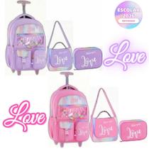 Kit Mochila Carrinho Holográfica Love Escolar Juvenil Feminino Passeio Escolar Metalizado Lanchei